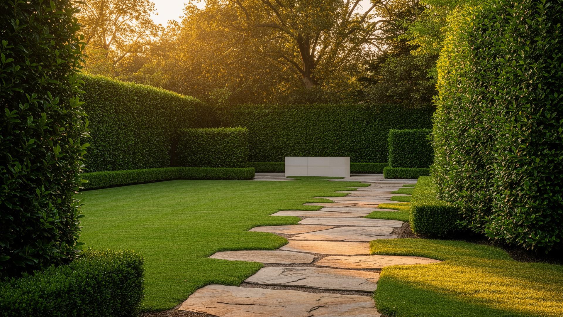 Gepflegter Garten mit Steinweg und Hecke